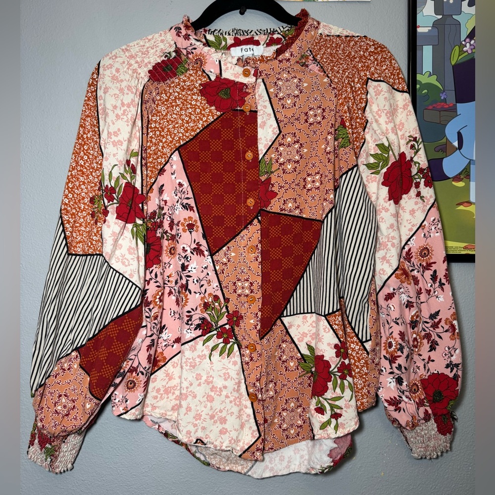 Fate Patchwork Boho Mixed Print Blouse Bubble Sle… - image 1